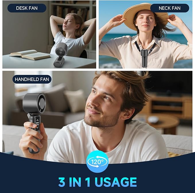 Guirngou Portable Handheld Turbo Fan, 1-100 Gear Wind, Battery Operated, Up to 23 Working Hours, 3 IN 1 Personal Fan with Air Turbo Tech, Cooling Essentials for Indoor/Outdoor (Metallic Glossy Black)