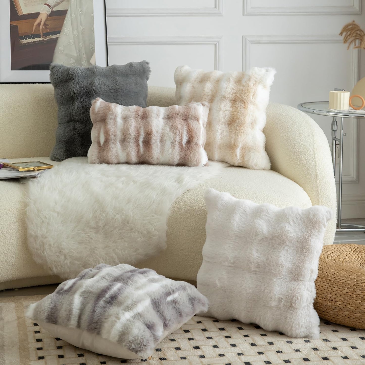 MANDIOO Pack of 2 Thick Plush Wool Decorative Throw Pillow Covers Super Soft Wave Bubble Fur Velvet Cushion Covers Pillow Shams for Couch Bed Living Room 16x16 Inch White Gray