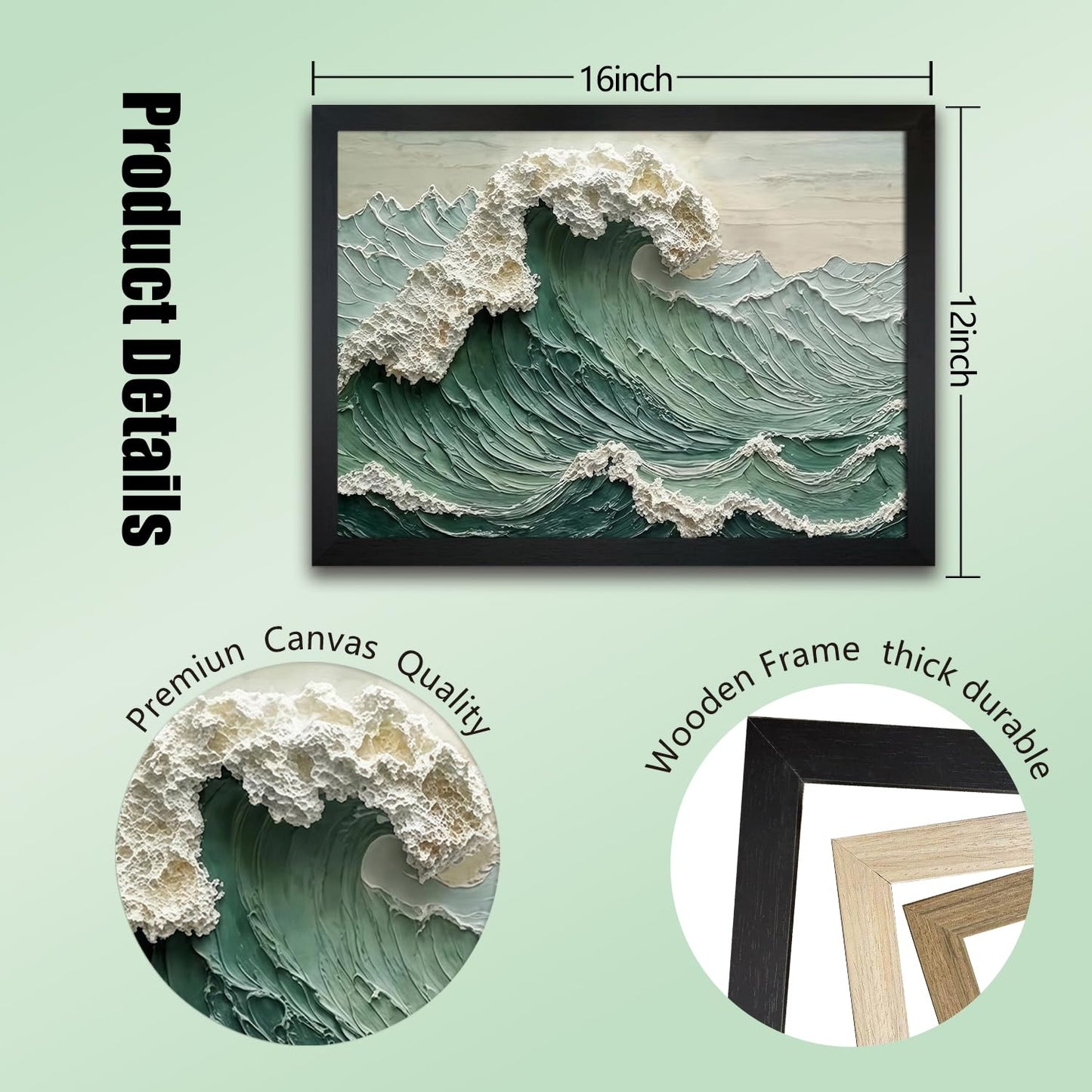Framed 3D Textured Wave Wall Art Vivid Coastal Style Canvas Paintings Gallery Grade Ocean Art for Living Room Bedroom Dining Room 12x16 Ready to Hang
