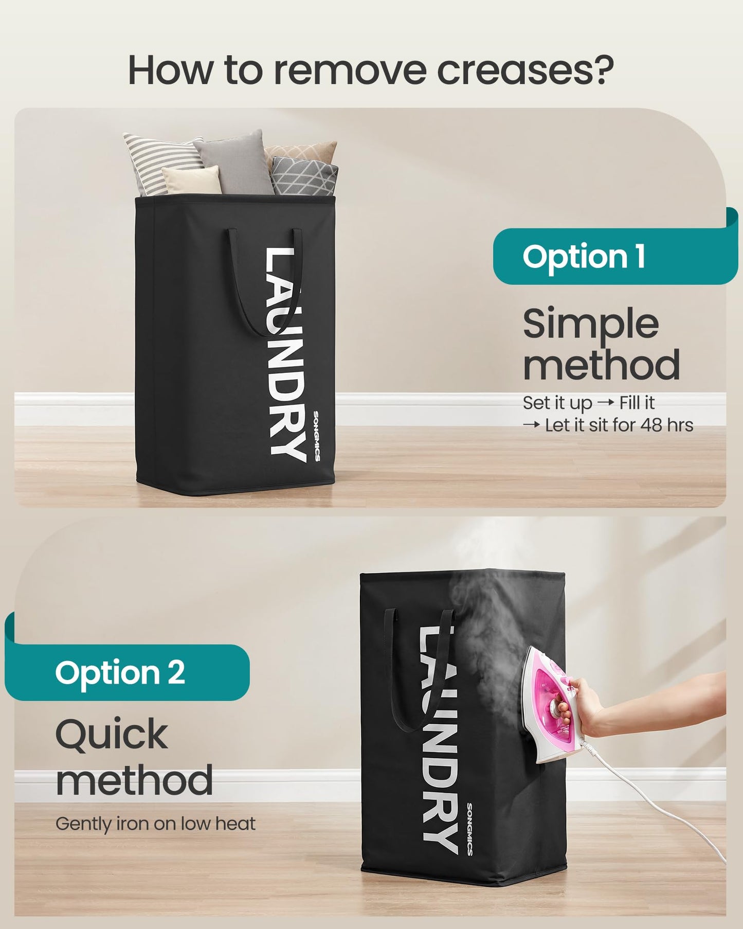 SONGMICS Laundry Hamper, 21.1-Gallon (80 L) Laundry Basket with Handles, Water-Repellent Storage Basket for Laundry Room, Bedroom, Bathroom, Foldable, Set of 2, Ink Black URLH002BH01