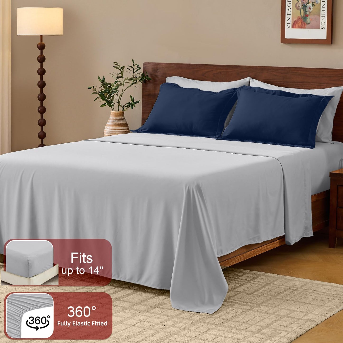 FUANNA Queen Comforter Set 7 Pieces, Reversible Bed in a Bag with All Season Soft Comforter, Bedding Sets Includes Comforter, Flat Sheet, Fitted Sheet, Pillowcases & Shams, Navy Blue & Light Grey