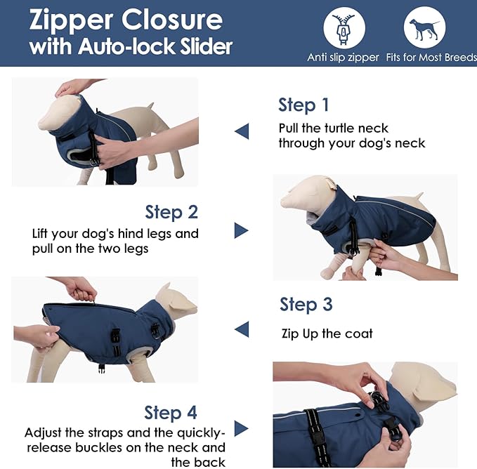 AOFITEE Dog Coat, Warm Dog Jacket Winter with Harness Built in, Waterproof Pet Snow Coat with Zipper on Back, Fleece Pet Sweater Puffer Jacket Snowsuit for Extra Large Dogs, Blue XXXL
