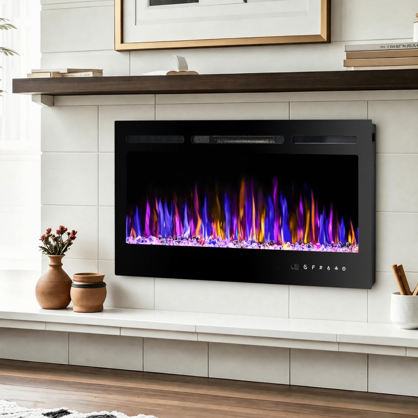 BETELNUT 36" Electric Fireplace Wall Mounted and Recessed with Remote Control, 750/1500W Ultra-Thin Wall Fireplace Heater W/Timer Adjustable Flame Color and Brightness, Log Set & Crystal Options