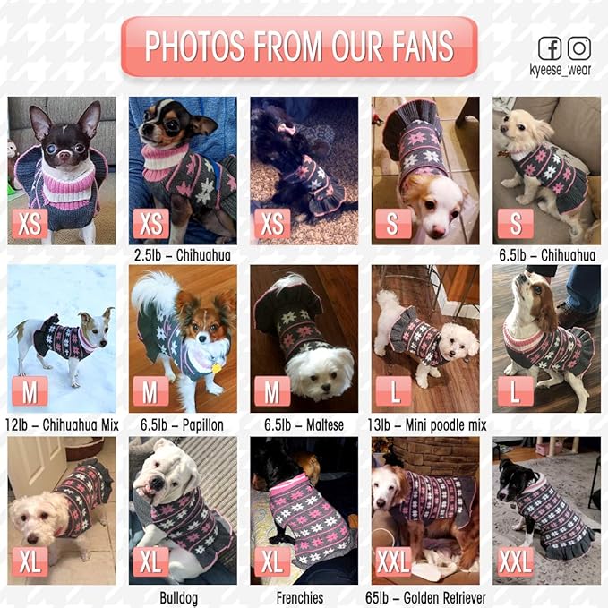 KYEESE Dog Sweater Fall Winter Dogs Clothes Warm Dog Coats Knit Turtleneck Pet Sweater Dress with Classic Snowflake Pattern Pullover for Girl Pet Sweater with Leash Hole for Small Dogs, Grey, Small
