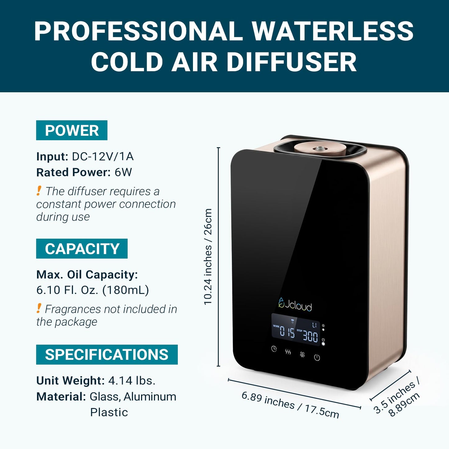 JCLOUD Waterless Essential Oil Diffuser - Cold Air Scent Diffuser Oil Machine for Home Office Hotel, HVAC Compatible, Up to 2000 Sq Ft, Upgraded Display and Button Controls, Black