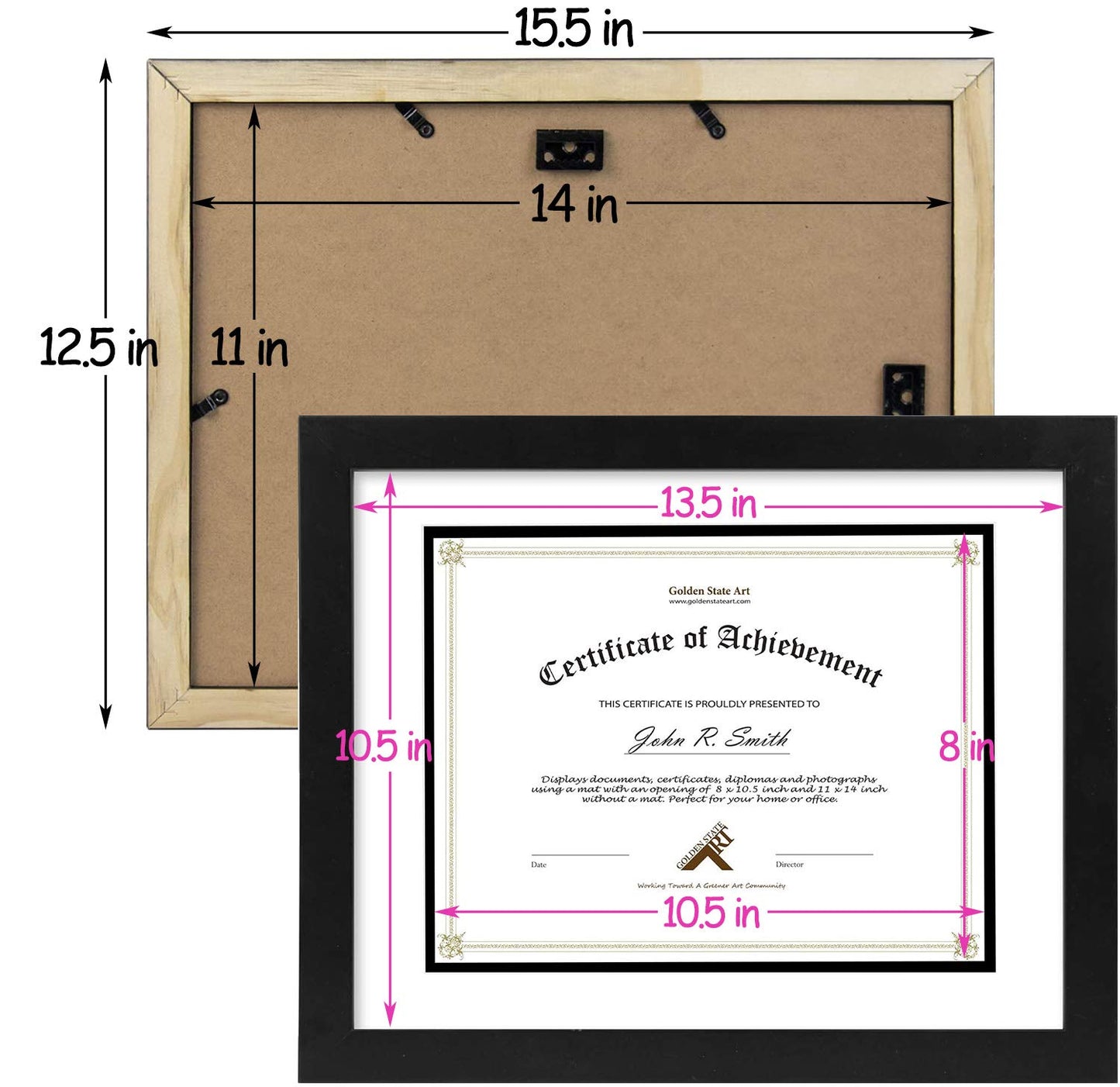 Golden State Art, 11x14 Diploma Frame for 8.5x11 Document & Certificates with Mat, Or 11x14 Without Mat, Real Glass, Double Mat (Black with White/Black, 1 Pack, Solid Wood)