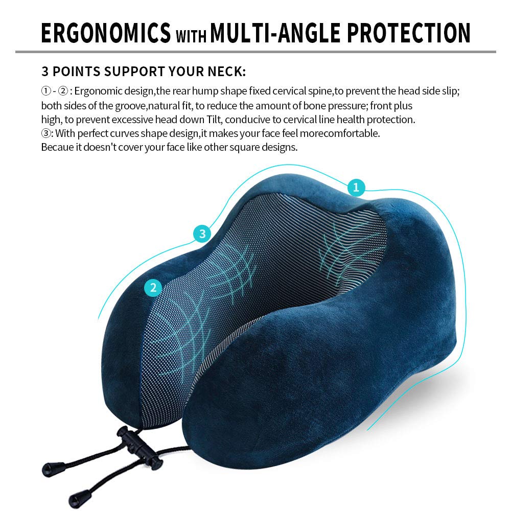 TALLGO Travel Pillow, Best Memory Foam Neck Pillow Head Support Soft Pillow for Sleeping Rest, Airplane Car & Home Use (Dark Blue)