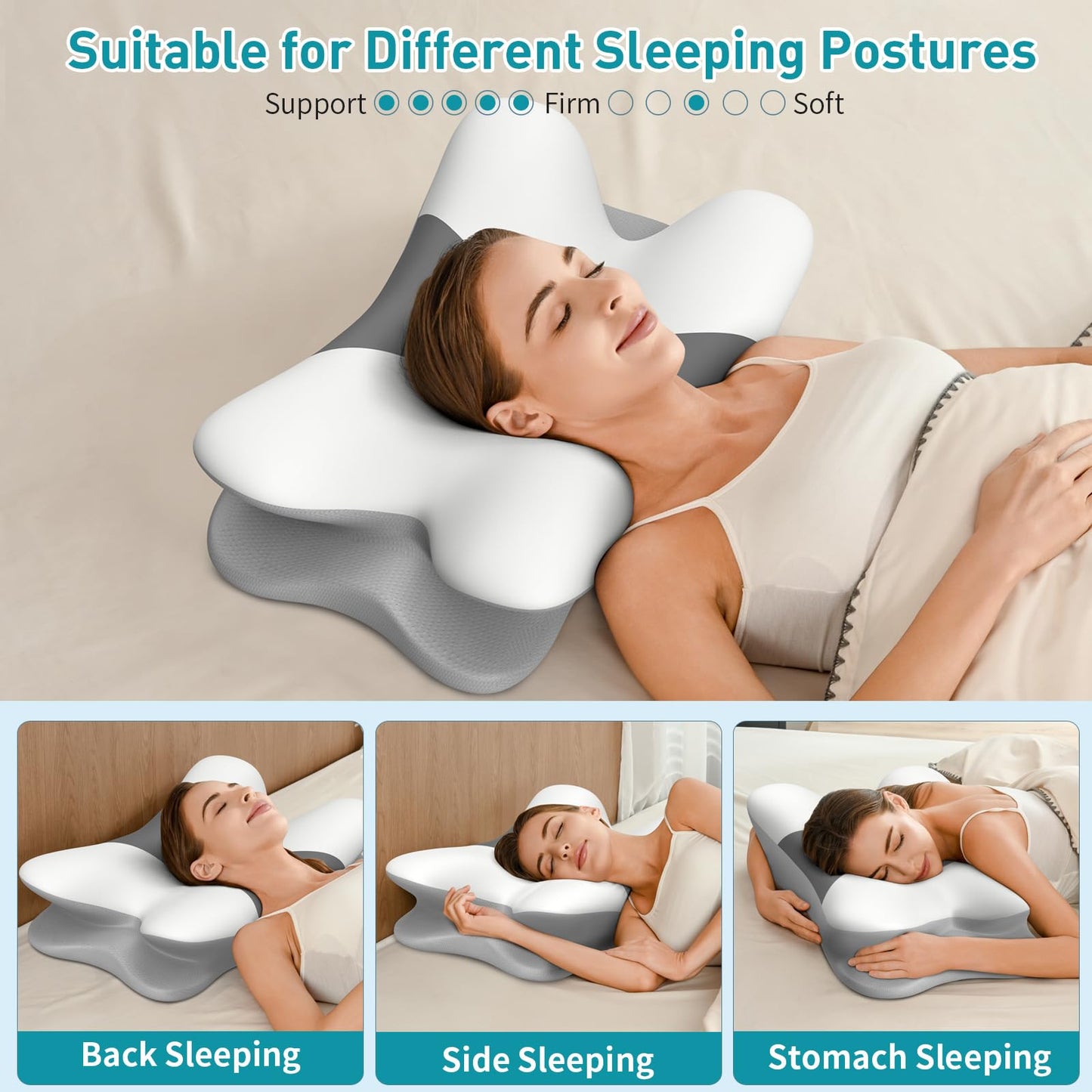 Besyodo Cervical Pillow for Neck Pain Relief - Ergonomic Neck Pillow for Sleeping, Contour Memory Foam Pillows Side Sleeper Pillow for Neck Support, Bed Pillow for Back Stomach Sleepers(White & Grey)