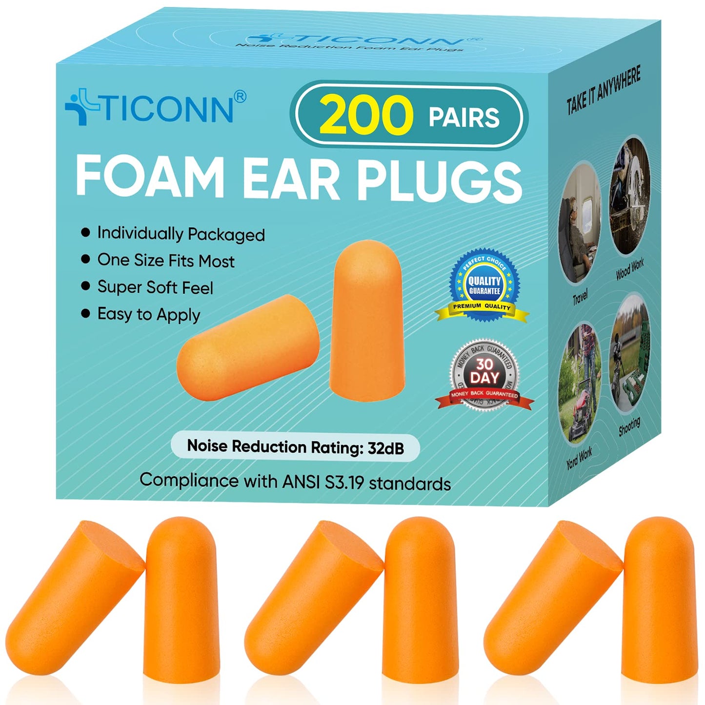 TICONN 200 Pairs Foam Ear Plugs, Hunting Earplugs Individually Wrapped 32dB NRR Noise Reduction Ear Plugs for Sleeping Fishing Passive Hearing Protection Travel Study Concentration (200 Pairs)