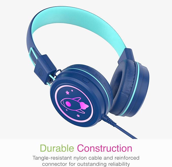 MEE audio KidJamz KJ55 Personalized USB-C Safe Listening Wired Headphones for Kids with Custom LED-Backlit Design, Volume Limiter, & Microphone for iPhone 15, iPad, & USB Type C Devices (Blue)