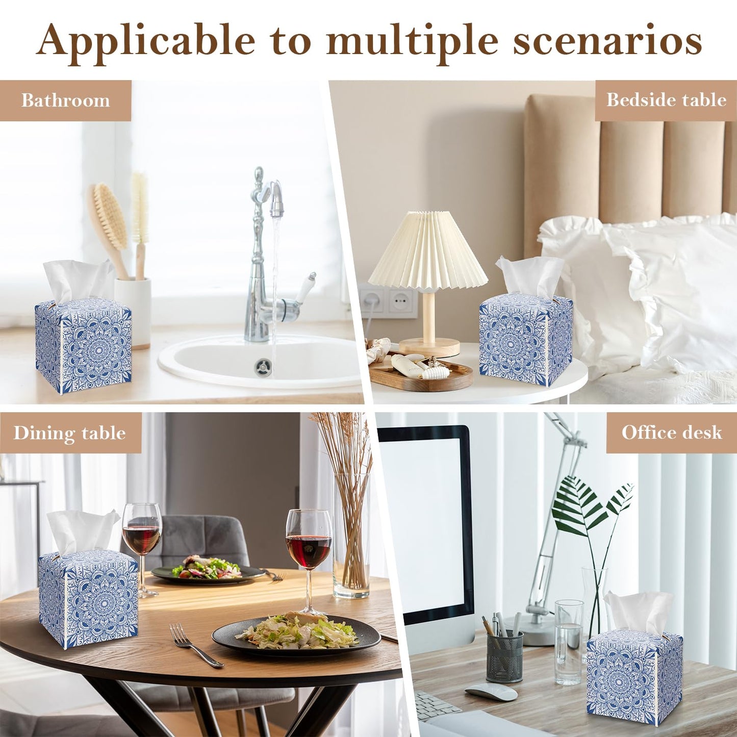 Boho Mandala Flower Tissue Box Cover Square, Blue and White Leather Tissue Box Holder with Bottom Belt, Boho Home Decoration for Bathroom Vanity Countertop, Nightstands, Dining Table, Office, Car -28