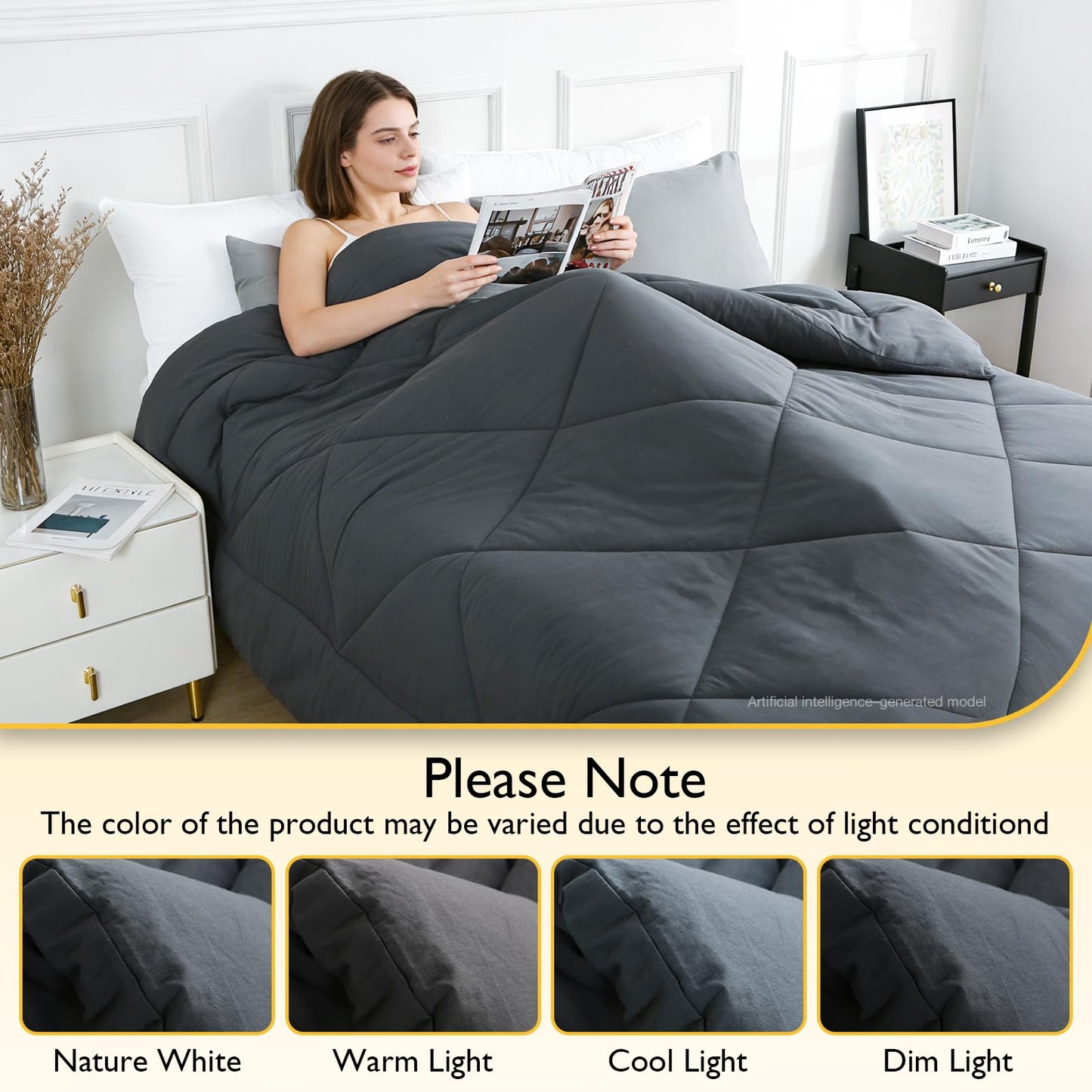 100% Cotton Filled Comforter, Premium Upgraded Cotton Bed Quilt Suitable for All Seasons, Comfortable Soft Noise-Free, Breathable and Fluffy, King, Gray | 100% Cotton, All Seasons, Breathable Fluffy
