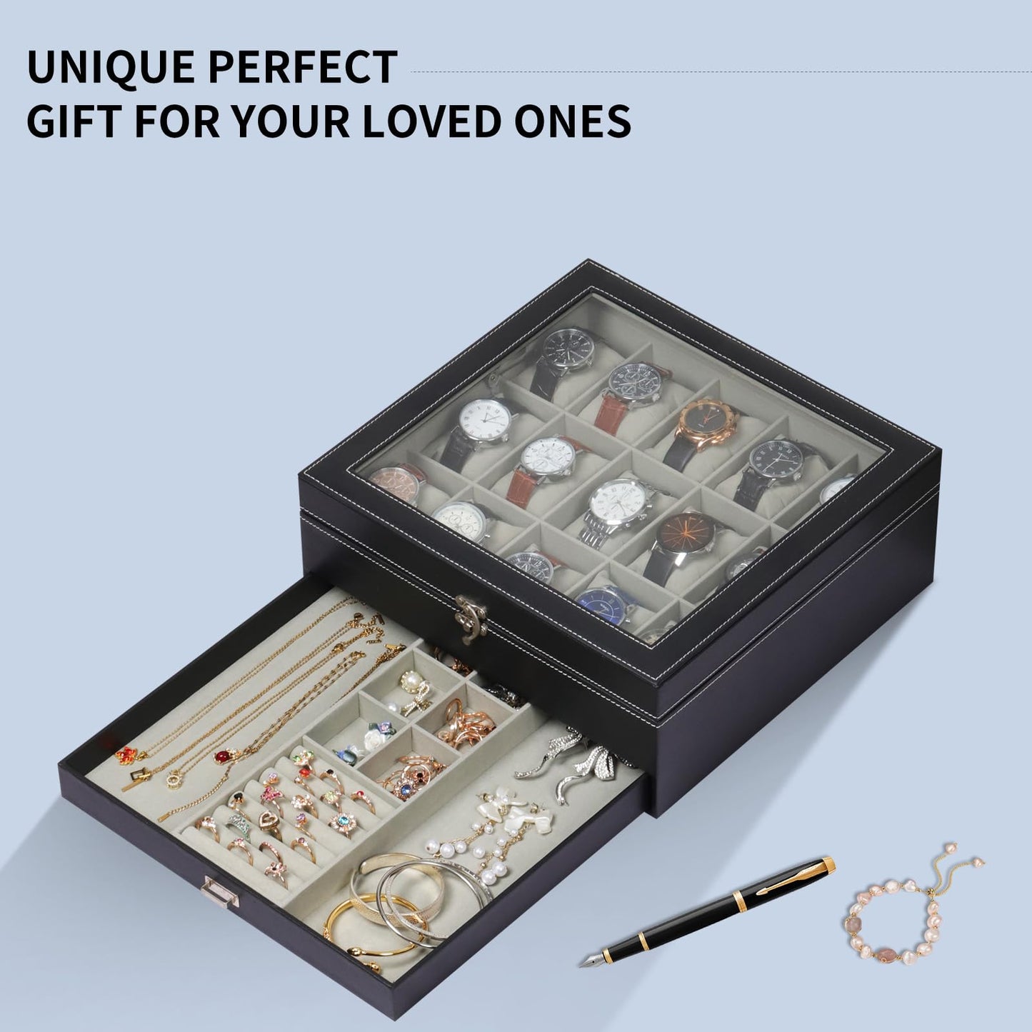 AUTOARK Premium 2-Layer Watch Box Organizer with Lock,Holds 15 Watches + Jewelry,Drawer for Rings Earrings Bracelets,Large Glass Lid,Soft PU Leather,Gift for Men Women,Black,MKAW-137