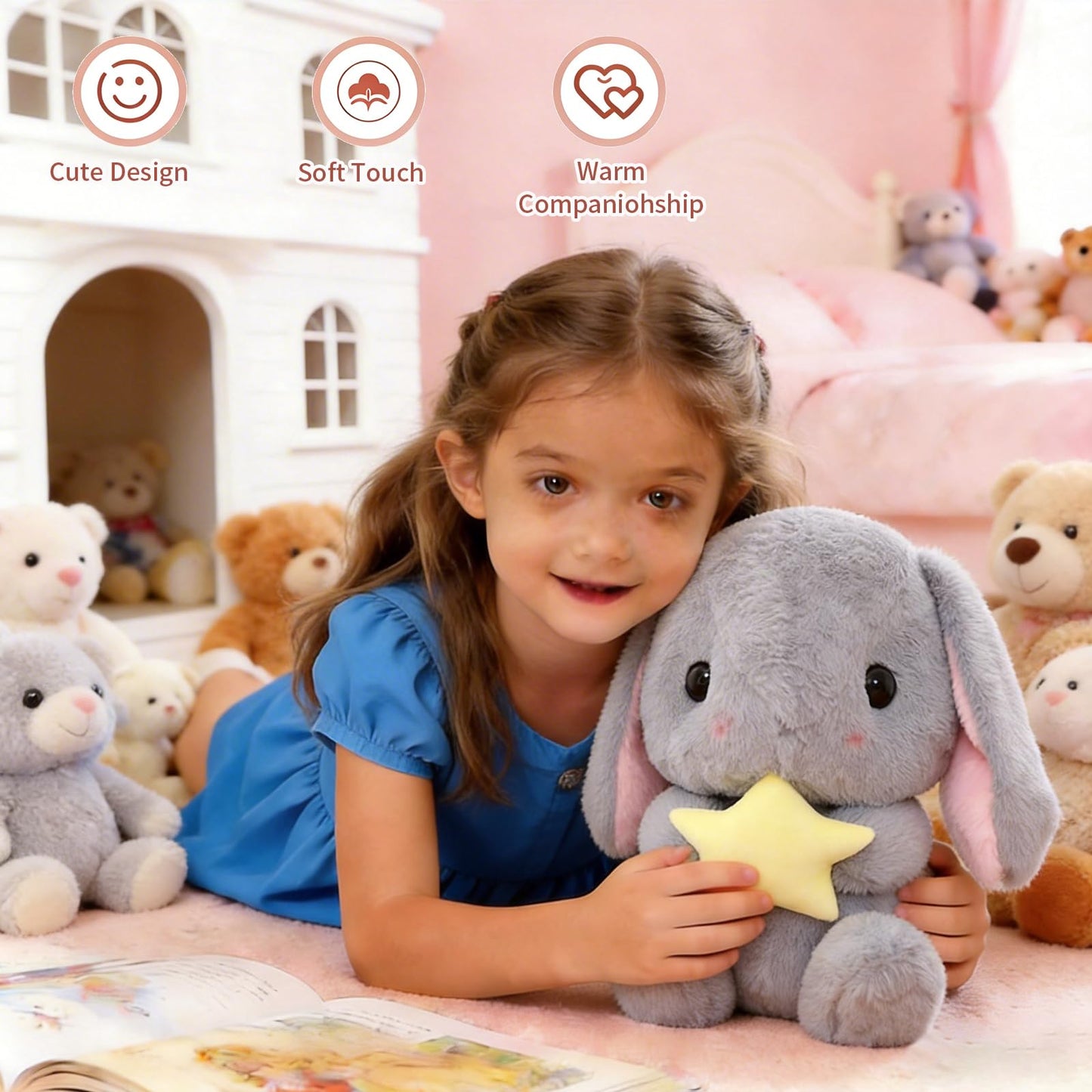 HOUPU Soft Toy - Sitting Lop Eared Rabbit, Easter White Rabbit Stuffed Bunny Animal with Carrot Soft Lovely Realistic Long-Eared Standing Pink Plush Toys (Gray-Star,8.6in/22cm)