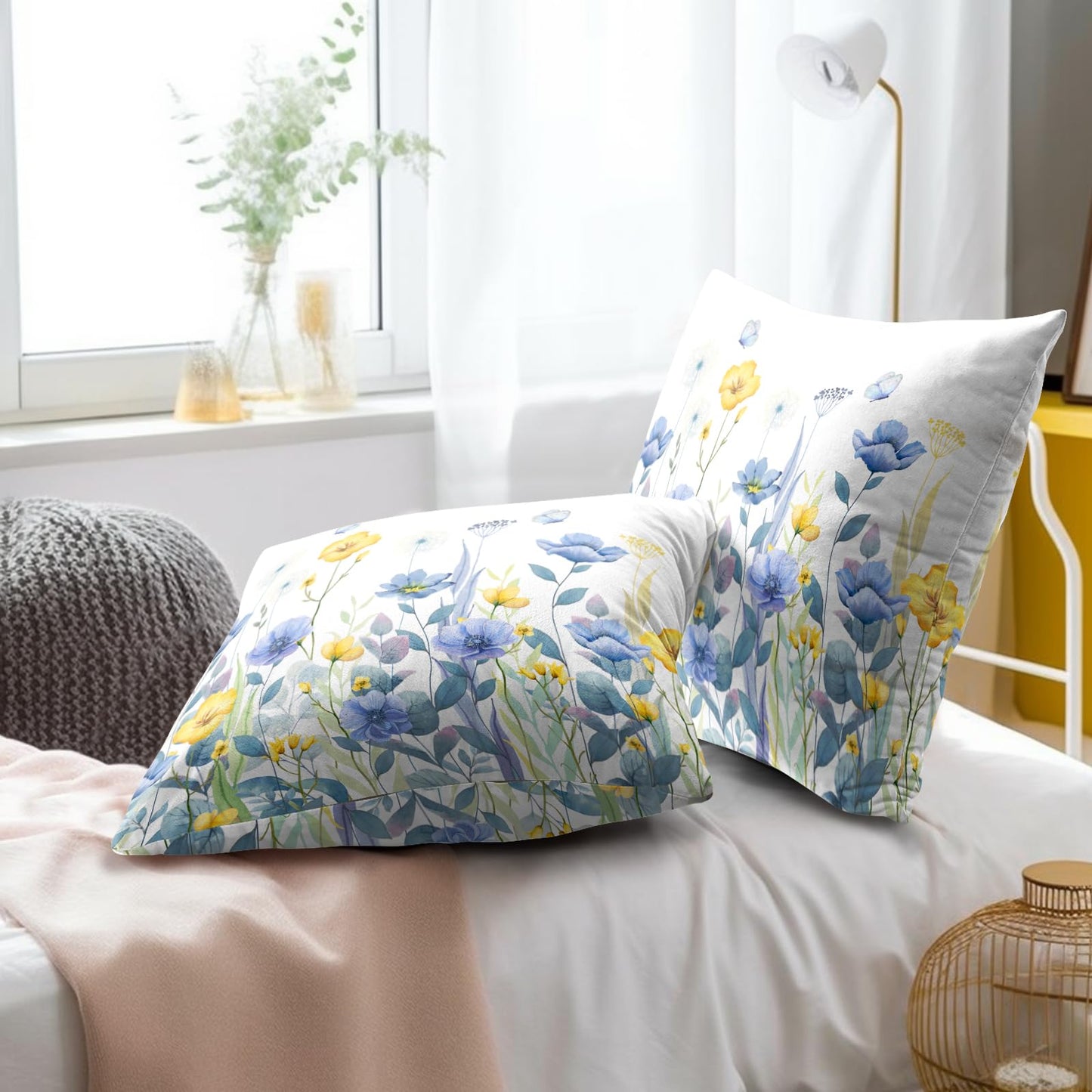 Imiss Blue Yellow Flowers Pillow Covers 18x18 Inch Set of 2, Poppy Floral Square Cushion Covers Spring Summer Seasonal Decor Pillowcase for Living Room Sofa Bedroom
