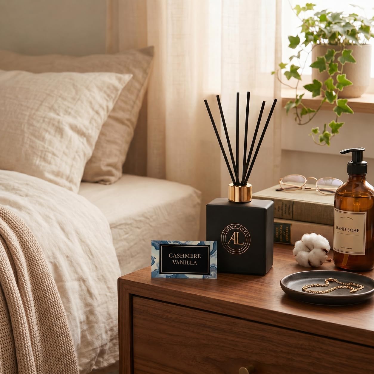 Aroma Loft Black Reed Diffusers for Home | Premium Fragrance Diffuser | Reed Diffuser Sticks in Oil Set with Cashmere Vanilla Scent | Smell Good Stuff | Long-Lasting Oil for Bathroom & Office (5 oz)