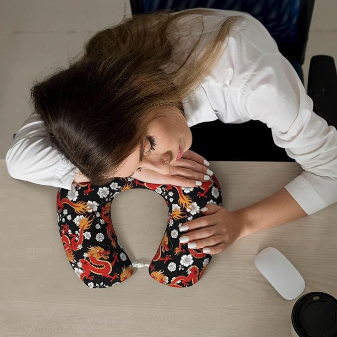 Neck Travel Pillow, Women Men Washable Airplane Car Pillows Japanese Chinese Dragon Flower Black Floral, Head Support Rest U Shaped Cushion Comfortable for Watching TV