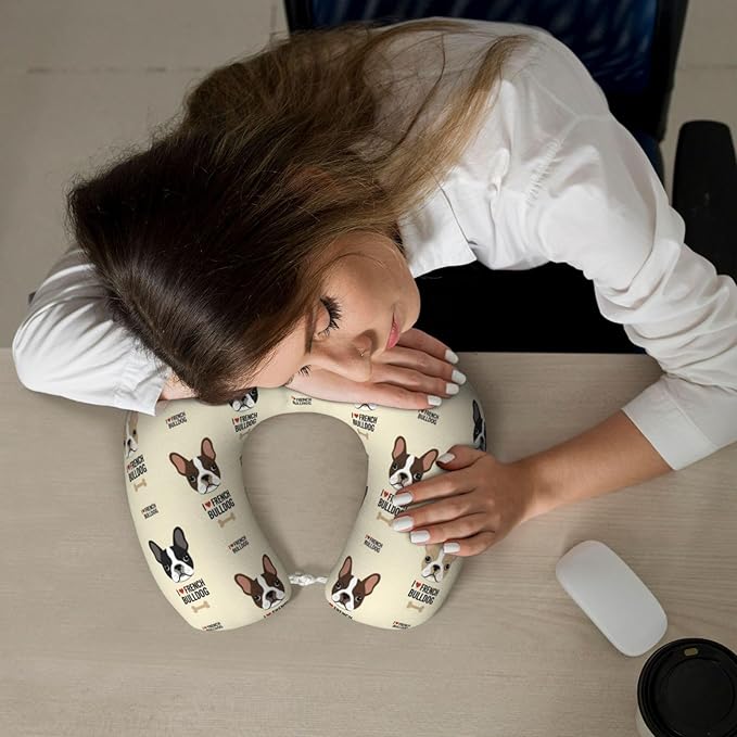 Comfortable Memory Foam Travel Neck Pillow, Funny Chin/Head Cushion Supporting Airplane Car Pillows I Love French Bulldog for Sleeping Outdoors Travel Office