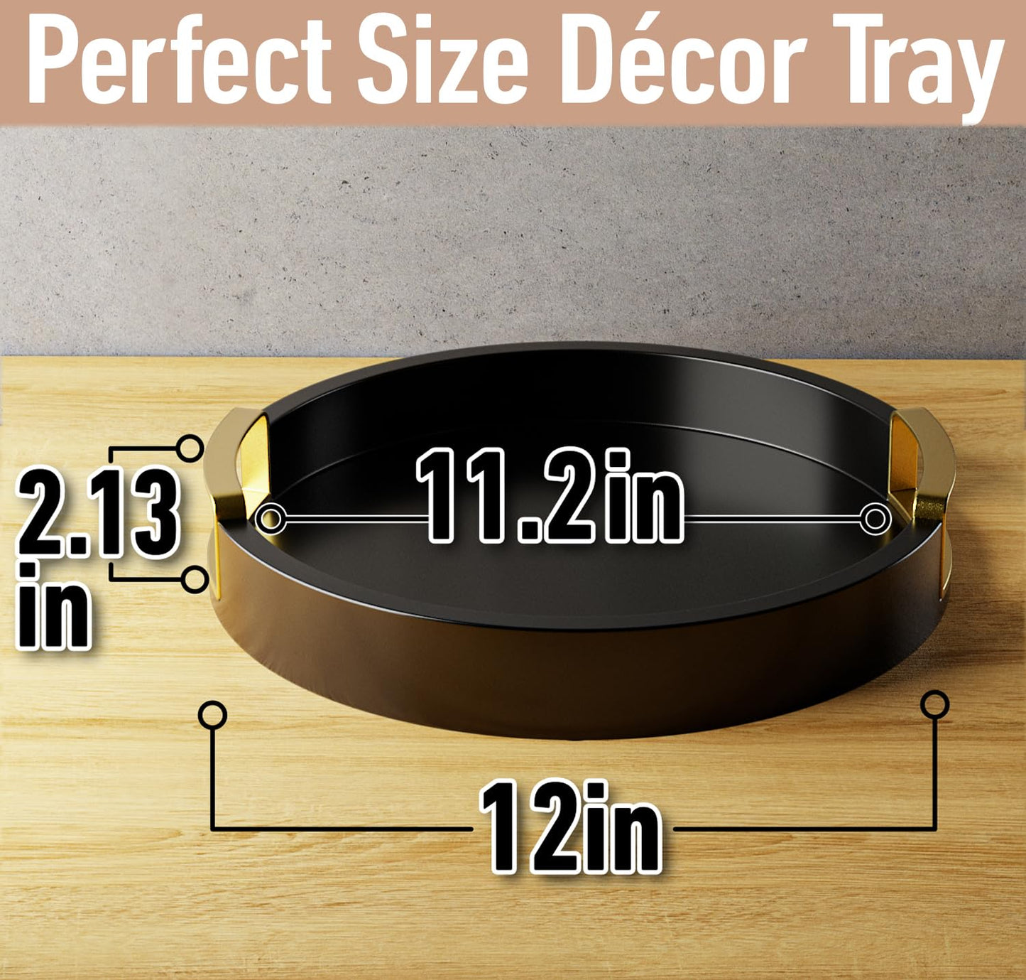 Round Decorative Tray - 12 Inch Round Black Tray with Gold Metal Handles - Stain Resistant Serving Trays for Decor - Decorative Trays for Coffee Table, Ottoman, Bar, Vanity, Kitchen, Bedroom & More