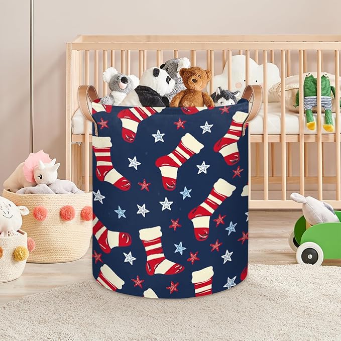 Sock Pattern Stars Laundry Basket Foldable Laundry Baskets With Leather Handles for Bedroom Bathroom Toys Decorative Basket