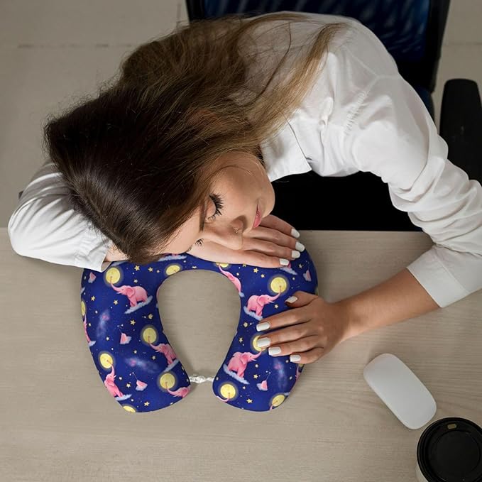Comfortable Travel Pillow for Pain Relief Sleeping, Memory Foam Airplane Car Neck Pain Pillows Full Moon Rose Elephants, Funny Chin Head Support Cushion