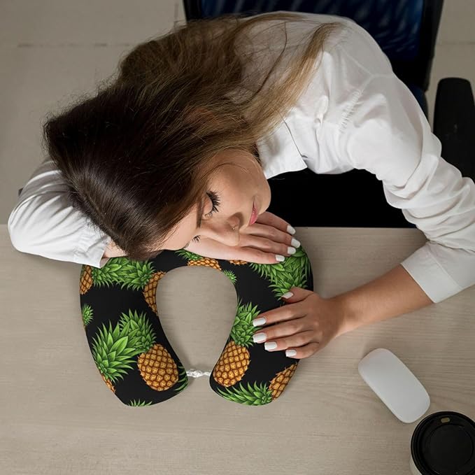 Breathable Neck Pillow for Sleeping Rest Nap Upside Down Pineapple, Airplanes/Car/Home Memory Foam Travel Cushion with Polyester Cover Washable for Women Men