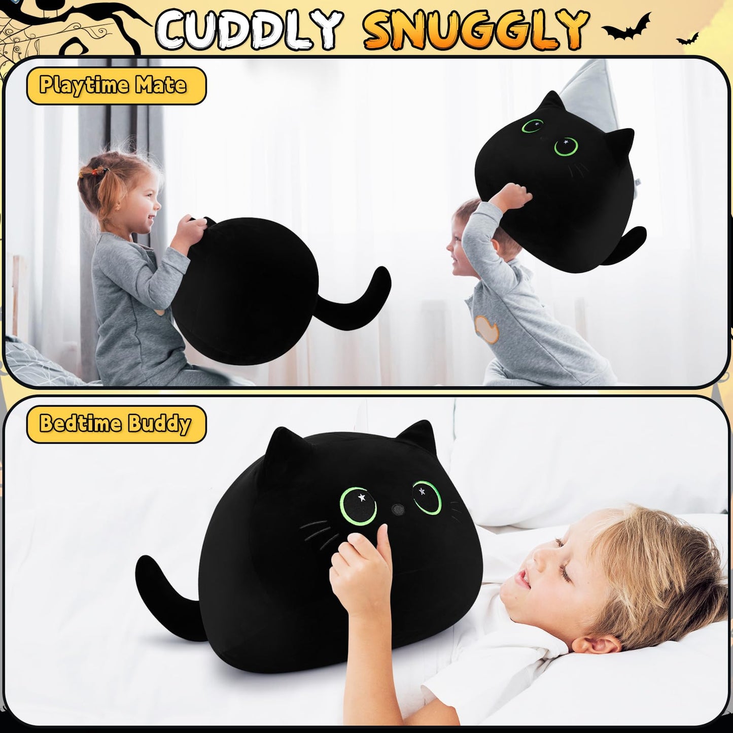 19'' Black Cat Plush Toy- Giant Black Cat Stuffed Animal, Large Plushie Toy Kawaii PlushiesGreen Star Eyes Cat Plush Pillow, Decor Plush Toys Plushie Christmas Birthday Gift for Kids