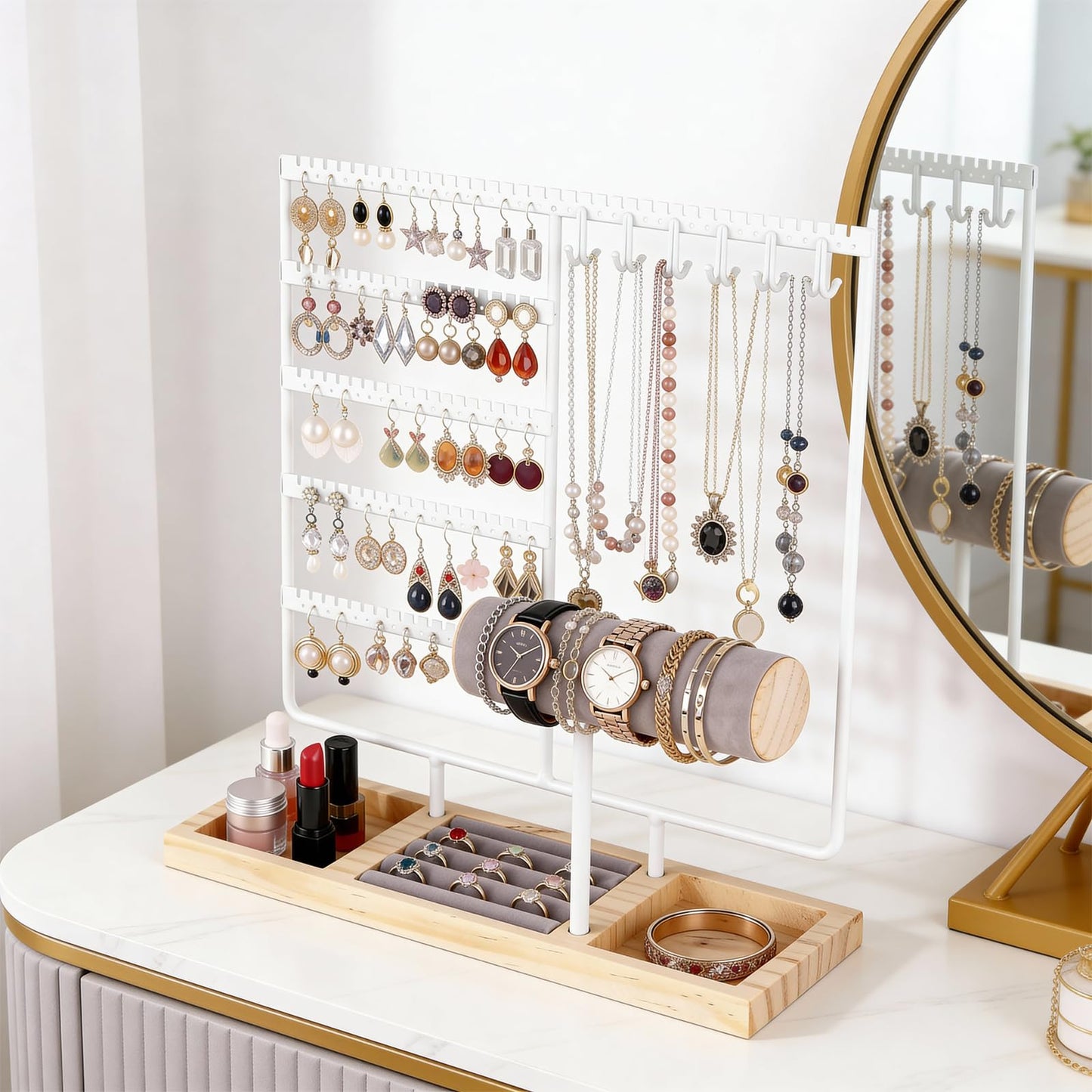 Ciormis Jewelry Stand Holder, 5 Tier Earring Holder Organizer with 72 Holes and 12 Hooks Jewelry Tower Necklace Tree Stand Hanger Bracelets Holder Storage with Ring Tray for Women Girls Gift (White)