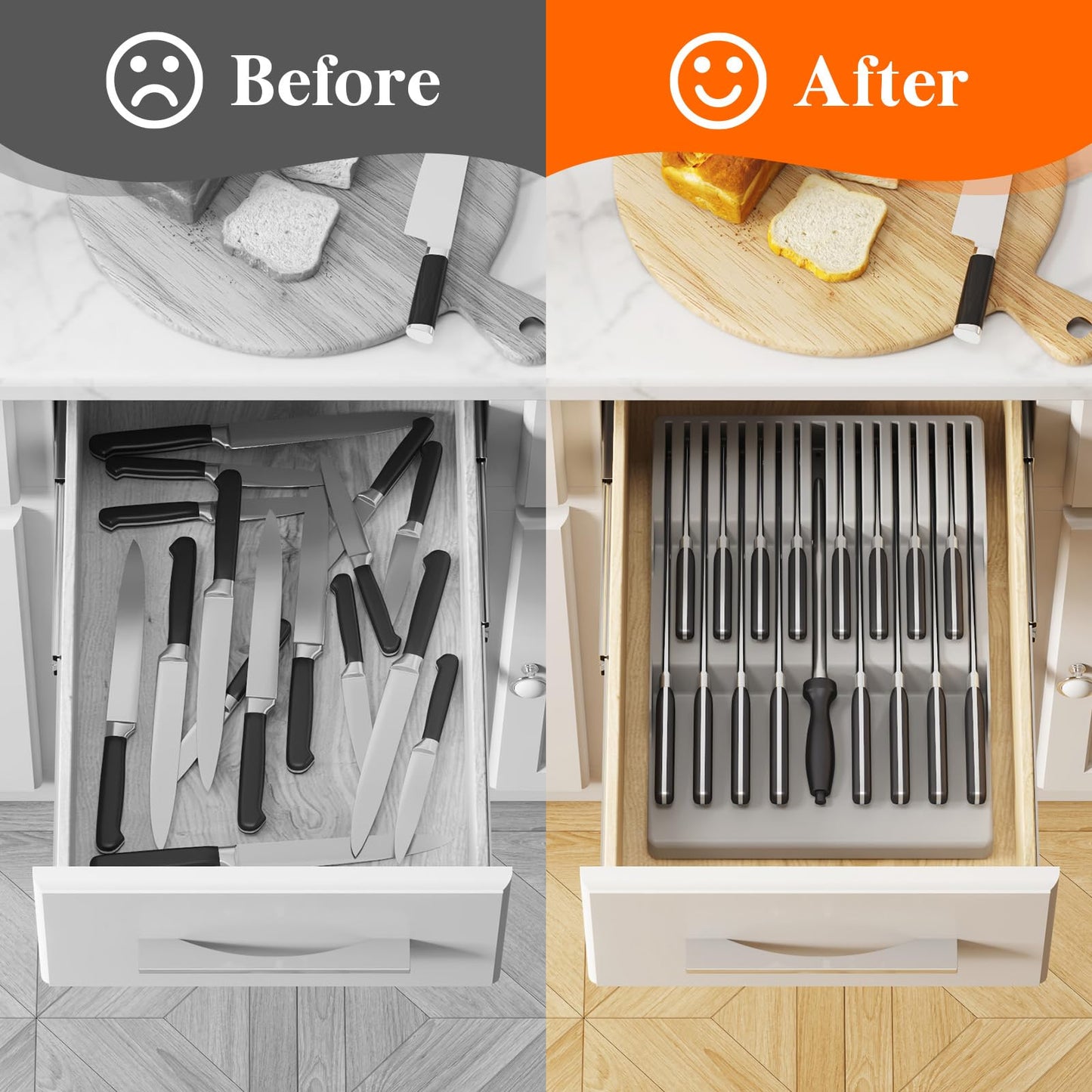 Lifewit Magnetic Drawer Knife Organizers Insert, Kitchen Plastic In Drawer Knife Block Slots, Steak Chefs Knives Holder Storage for 16 Knives and 1 Sharpening Steel, Extra Large, Gray, 16.5"/42 cm(W)