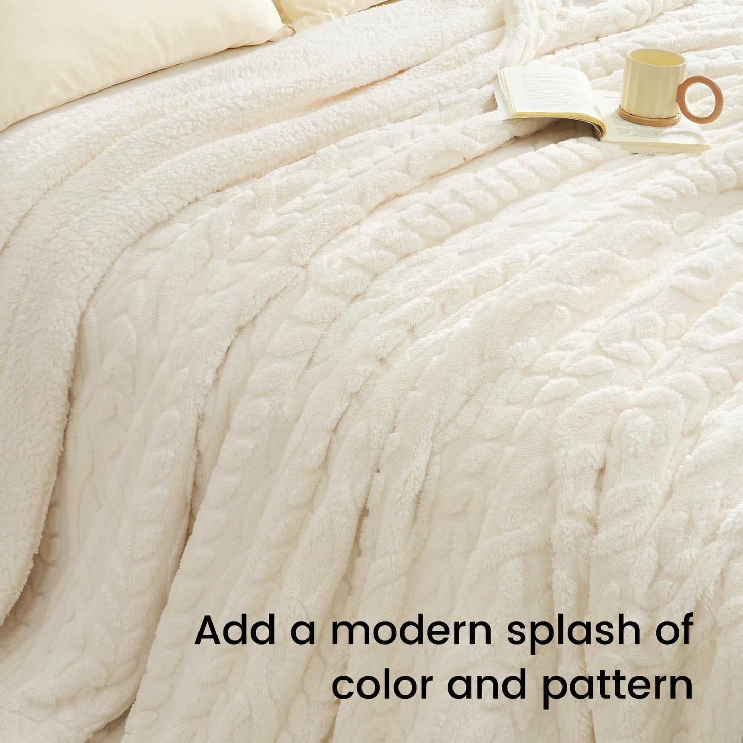 PHF Fluffy Sherpa Blanket Queen Size for Winter, Warm and Soft, 510GSM 3D Jacquard Thick Shaggy Fleece Plush Blanket for Sofa Bed, Cream, 90"x90"