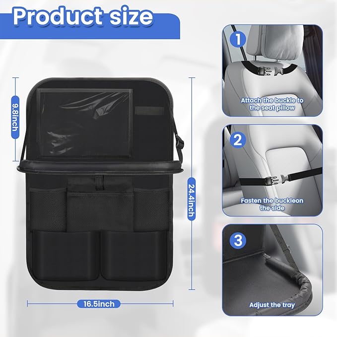 The car rear seat storage unit comes with a flat rack, 13 storage compartments, a foldable tray table, a rear seat kick pad, and can hold snacks and toys. It's black (1 piece【Dining table style】)