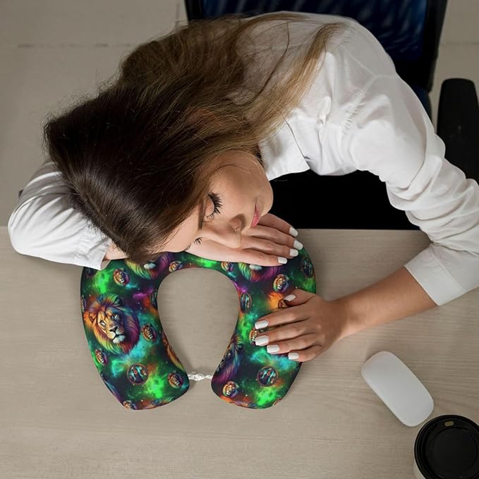 Neck Pillows for Travel Green Galaxy Lion, Women and Men Airplane Car Pillow, Neck Support U Shaped Pillow for Rest Pain Relief Sleeping