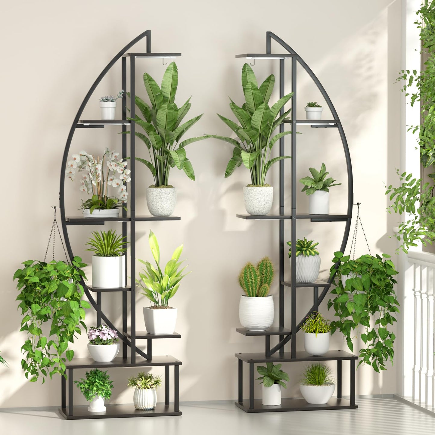 BLAZPATH Plant Stand Shelf Indoor with 6 Grow Light, 7 Tiered 65" Tall Black Large Half Moon Lighted Plant Rack Holder, 2 Pack Big High Circular Arch Multi Herb Stand with Built in LED Grow Light Set