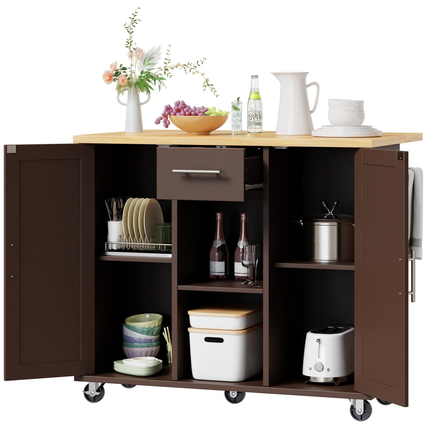 Shintenchi Kitchen Island with Storage, Bar Cart Cabinet Island Table on Wheels, Rolling Microwave Cart for Kitchen with Drop Leaf, Drawers, Towel Rack, Seating Area for Dining Room, Brown