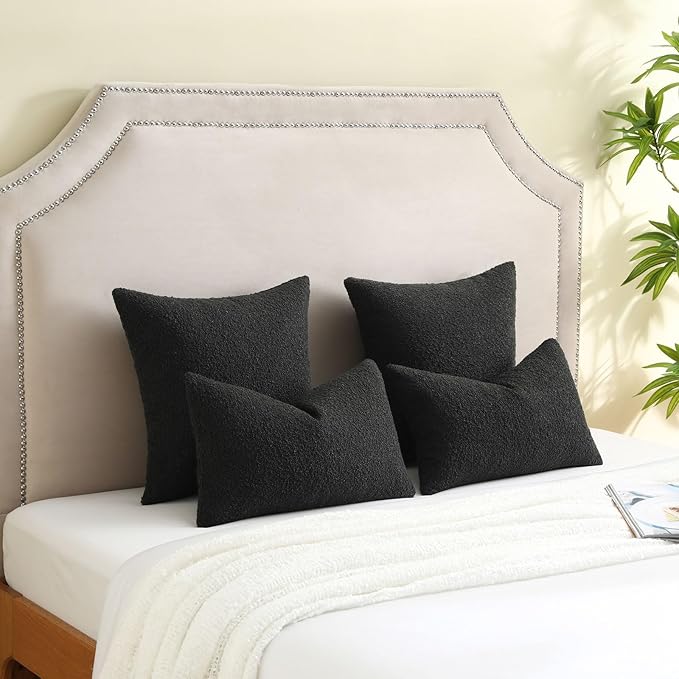 FUTEI Pack of 2 Black Decorative Throw Pillow Covers 22x22 Inch Soft Cozy Solid Boucle Textured Cushion Case,Modern Home Decor for Couch Bed Living Room