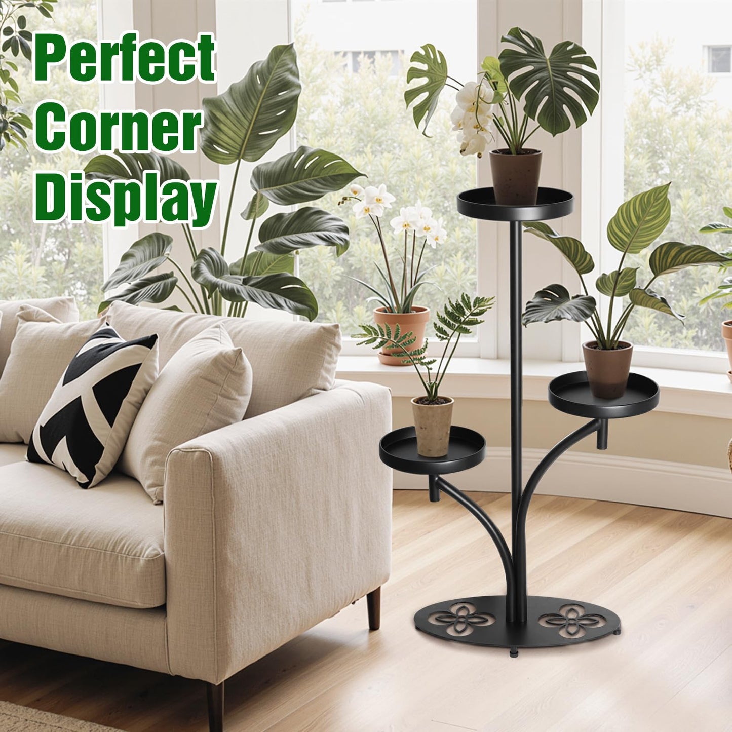 XZHXZH, 3 Tier Metal Plant Stand Indoor Outdoor, Tall Black Plant Shelf, Heavy-duty Base in the Shape of a Four-leaf Clover, Tiered Modern Corner Shelf, Suitable for Courtyard, Patio, Living Room, Bedroom