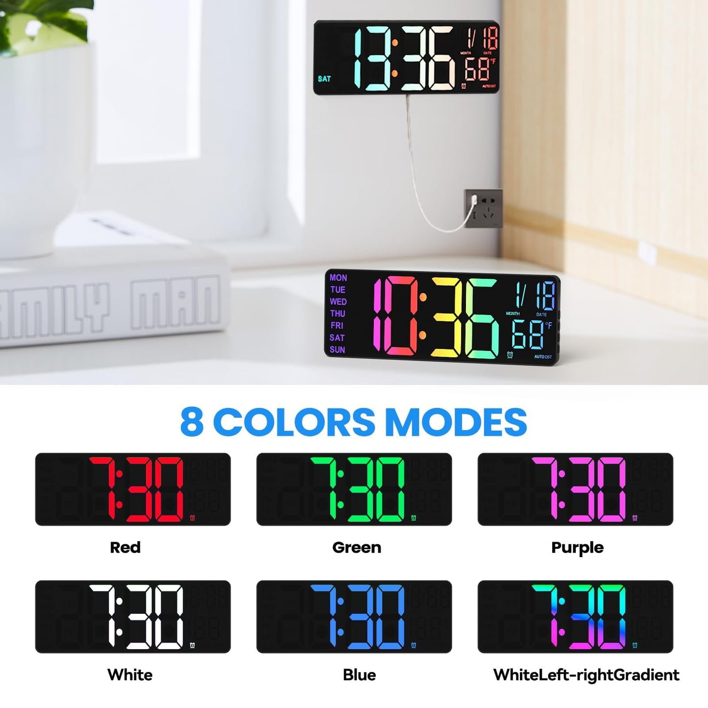 YISILE 13" Digital Wall Clock with Night Light,8 RGB Color,Dual Alarms with Large Display, Dimmer, Auto DST, Voice Control, Auto Time Sync,Remote Control for Living Room Bedroom,Gift for All Ages