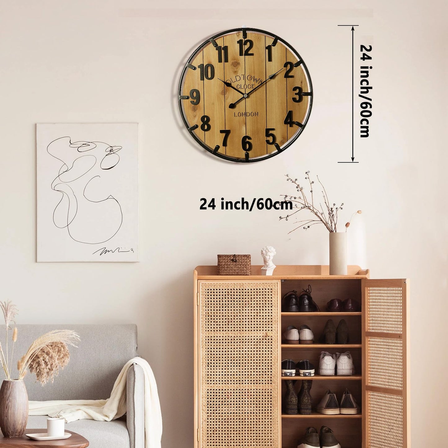Vantic Farmhouse 24 Inch Extra Large Decorative Wall Clock with Metal Circle, Oversized Wood Wall Clock with Large Arabic Numeral for Living Room, Bedrooms and Offices, Silent and Battery Operated