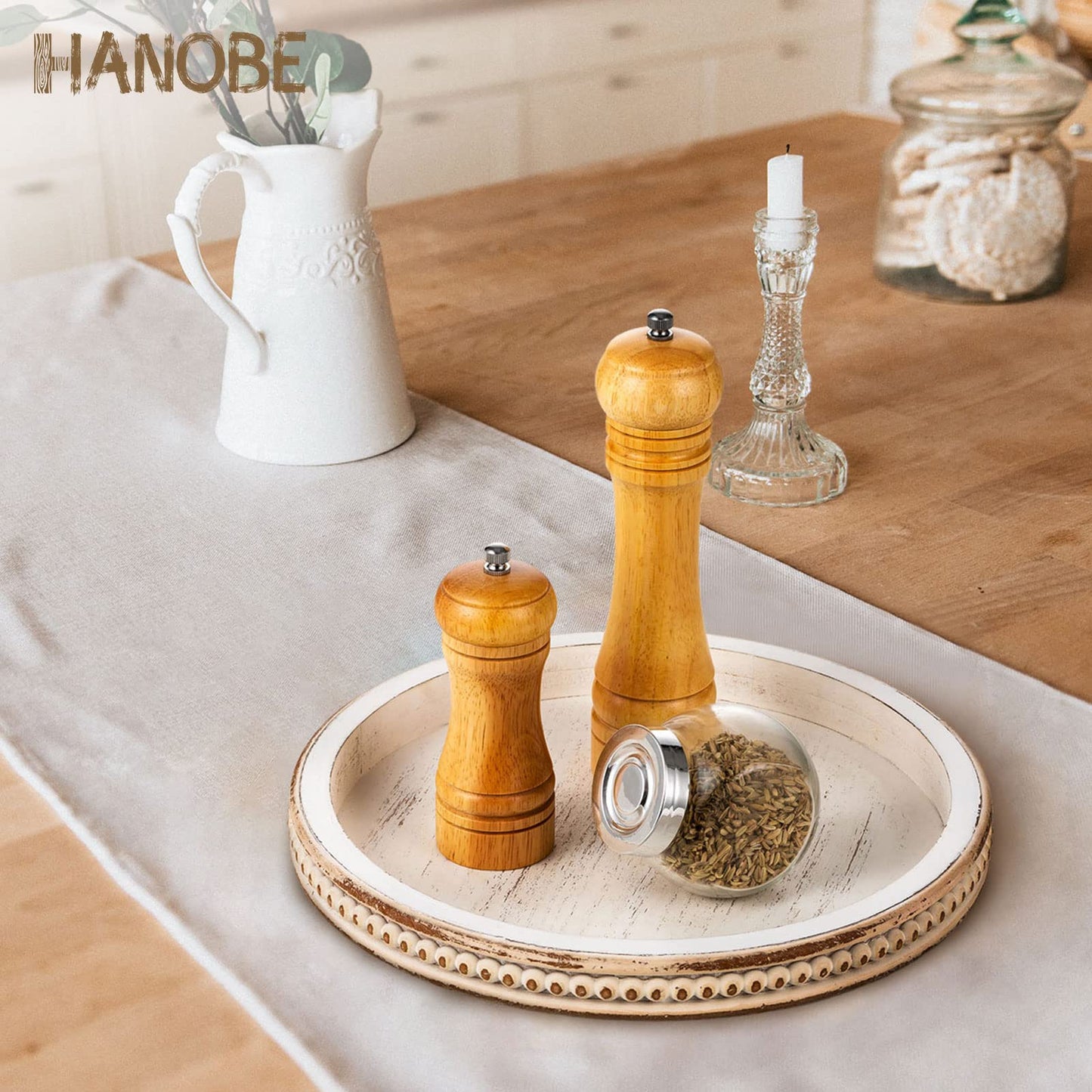 Hanobe Decorative Tray for Coffee Table: 10.5-Inch Round Whitewashed Wood Tray for Rustic Farmhouse Living Room Kitchen Island Entryway Home Decor