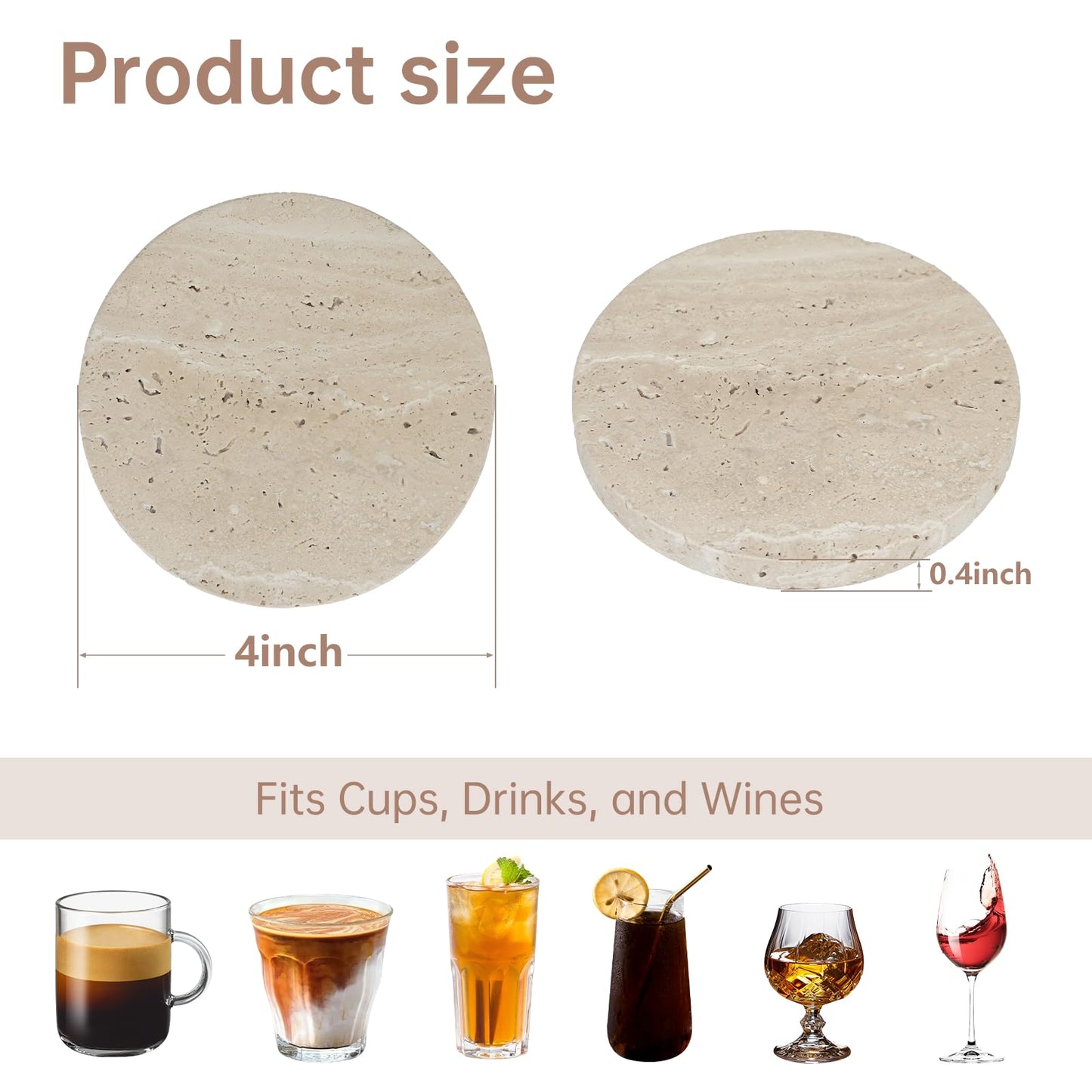 4-Inch Beige Travertine Coasters Set of 4 - Natural Limestone Drink Coasters with Non-Slip Cork Backing, Protect Countertops from Stains and Scratches