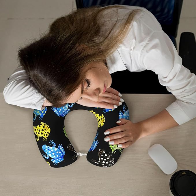 Travel Neck Pillows for Sleeping Rest Car Airplanes Tropical Frogs Black, Memory Foam with Removable Breathable Zipper Cover Washable for Men Women
