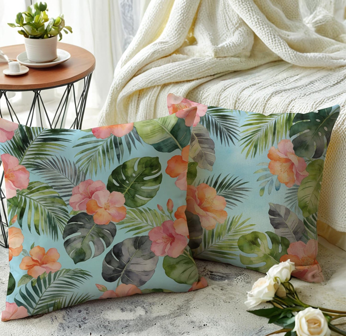 JAERUE Tropical Floral Throw Pillow Covers with Palm Leaf Hibiscus Flowers Decor Pillow Cases Farmhouse Summer Patio Decorative Cushion Covers 18 x 18 Inch,2Pack for Sofa Couch(Blue)