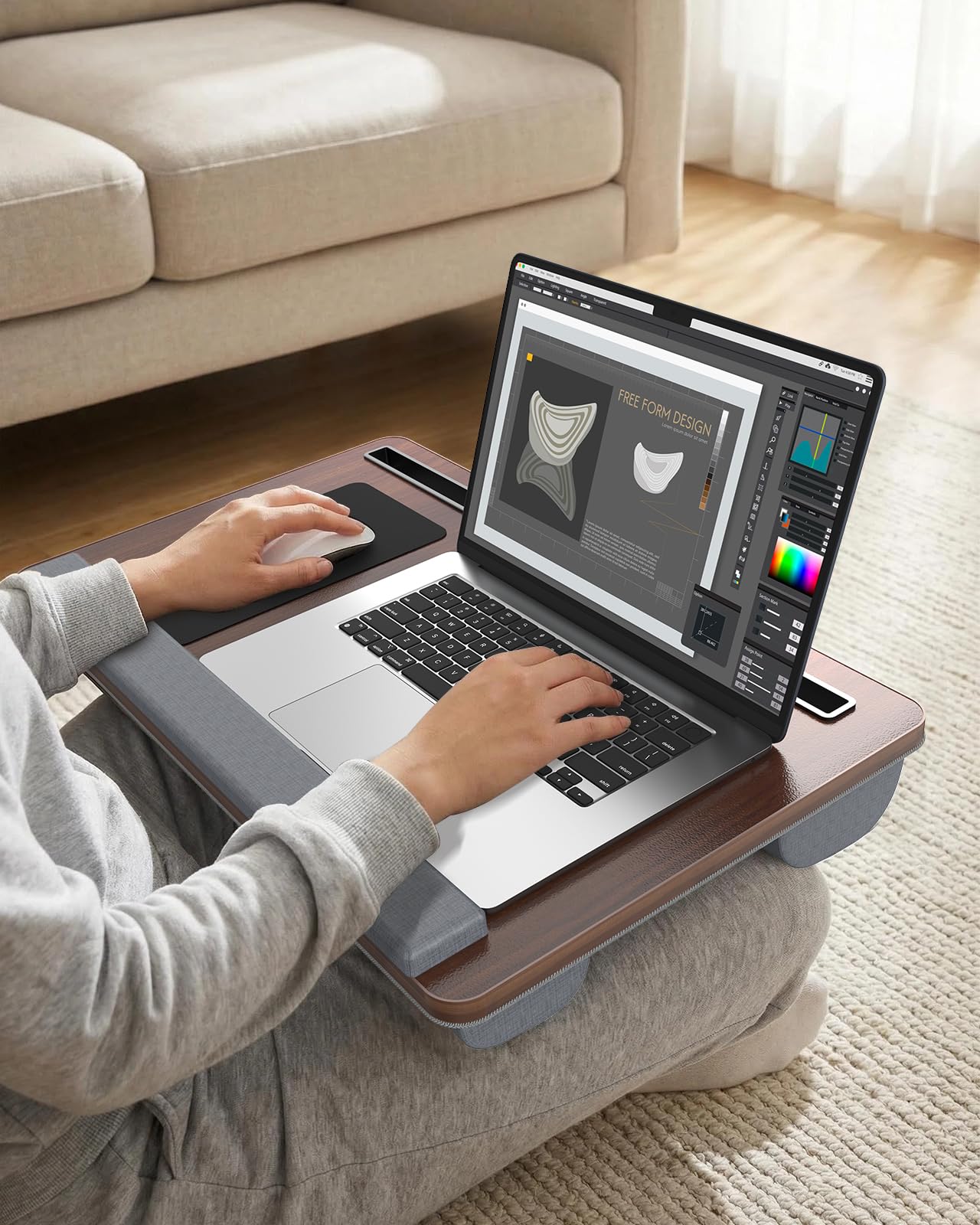 Potuopy Lap Desk- Fits up to 17” Laptop Lap Desk with Wrist Pad, Laptop Lap Pad, Lap Desks for Adults Laptop Stand for Bed with Cushion and 2 Upgraded Mouse Pads, Tablet and Phone Slots (Dark Brown)