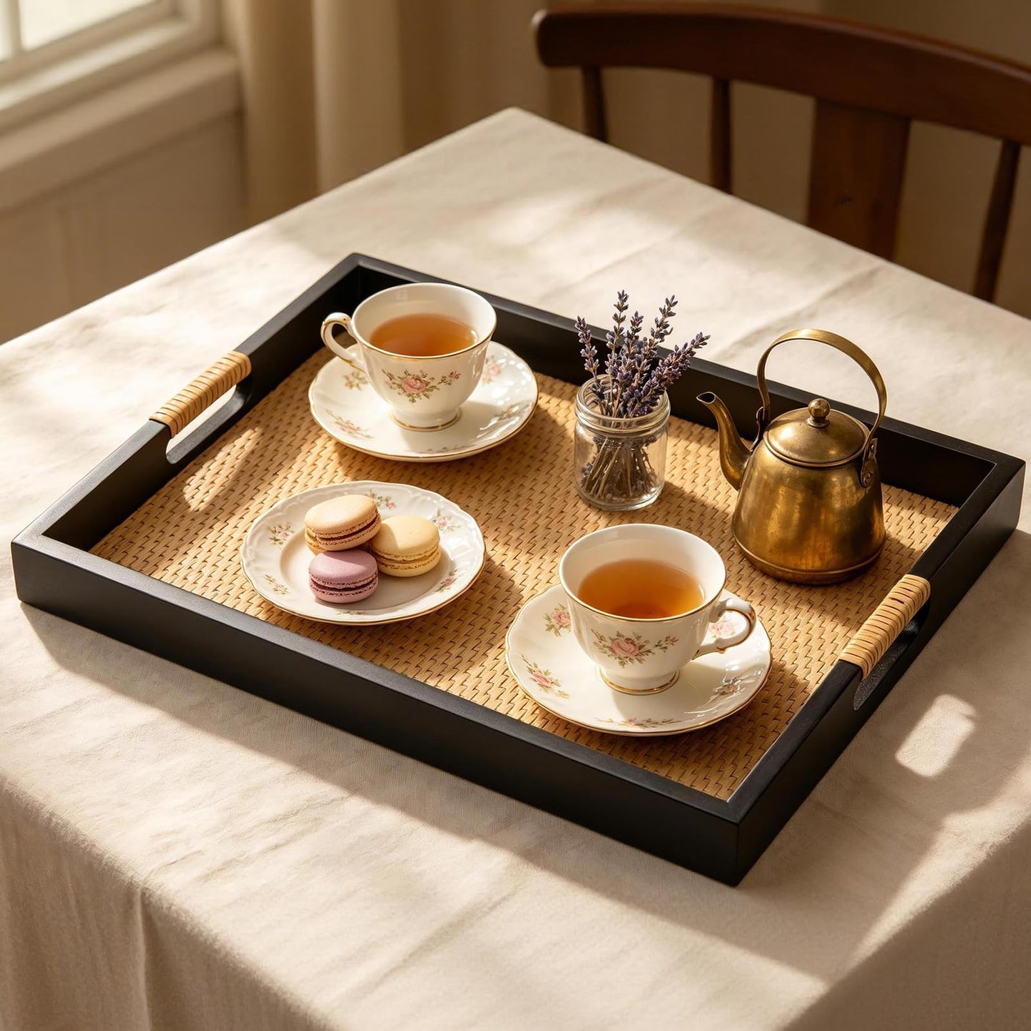 HuiDao Decorative Tray, Serving Tray with Handles, Solid Wood and Faux Rattan Woven Serving Tray, Rustic Rectangle Ottoman Tray for Coffee Table, Ottoman, Dining Serving & Home Decoration