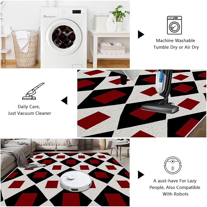 Plaid Rug 6x9, Vintage Geometric Soft Ultra Soft Faux Wool Low Pile Rug, Indoor Floor Mats Carpet, Non-Slip Stain Resistant Washable Rugs, Modern Red Rugs for Living Room Home Office Decor