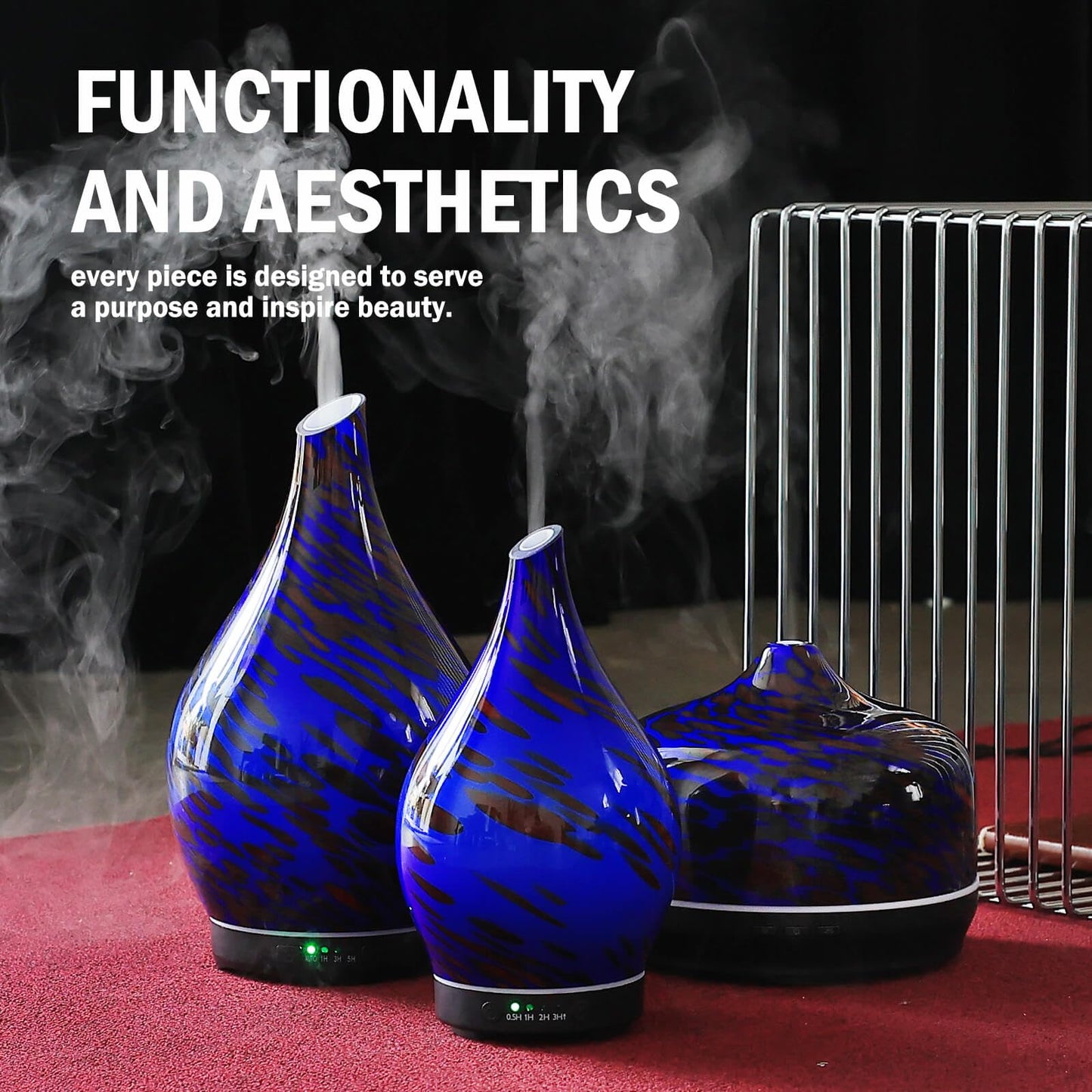 Porseme 150ml Essential Oil Diffuser Hand-Blown Glass Aroma Diffusor, Aromatherapy Unltrasonic Cool Mist deffuser, 7 Color Changing, Waterless Shut-Off, Timer Function for Home Office(Cobalt Blue)