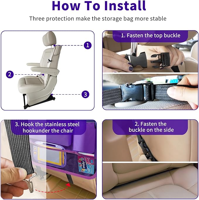 Etre Jeune Car Seat Back Organizer Table Tray, Car Seat Storage Organizer for Kids with Foldable Tablet Holder, 6 Storage Pockets Kick Mats 600D Oxford, 2 Pack Purple