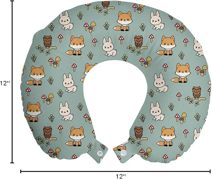 Ambesonne Woodsy Travel Pillow Neck Rest, Friendly Woodland Creatures Mushrooms and Plants in Cartoon Style, Memory Foam Traveling Accessory for Airplane and Car, 12", Multicolor