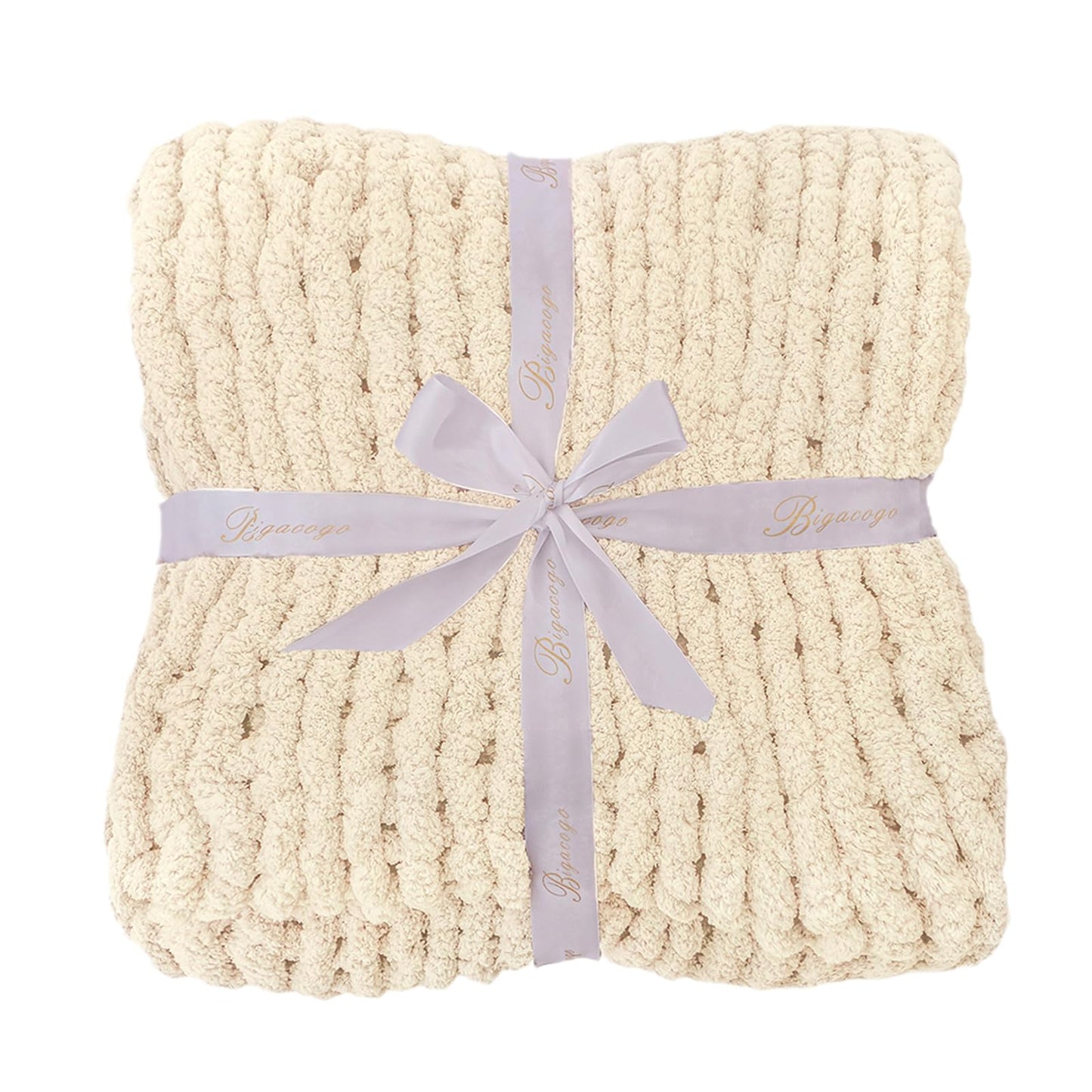 Bigacogo Chunky Knit Throw Blanket for Couch, 40x60 inches, Beige