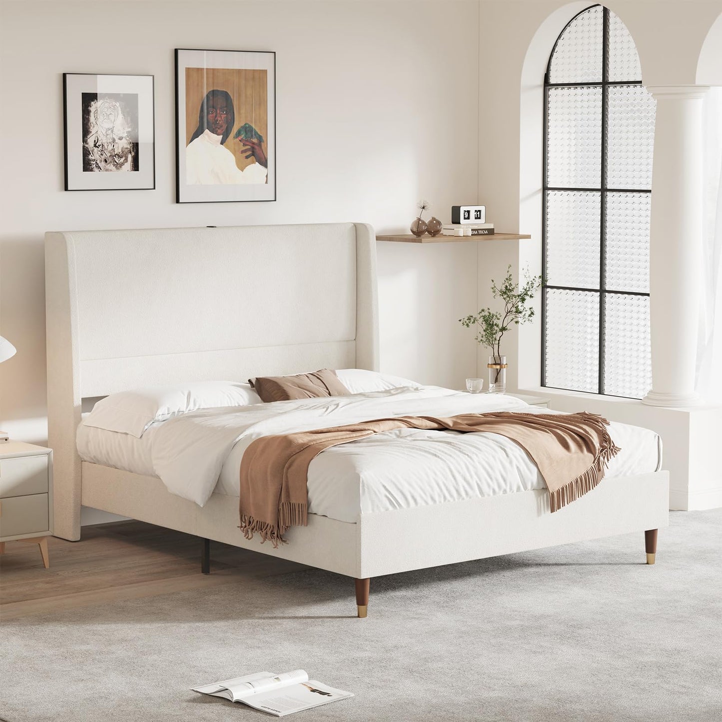 MALOL Queen Bed Frame with Upholstered Linen Headboard, Platform Bed with USB Charging Ports, Sturdy Metal Frame, No Box Spring Required, Quiet Noise-Free Modern Bedroom Furniture, Beige